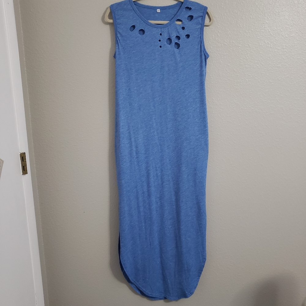 Distressed light blue maxi dress size med.
